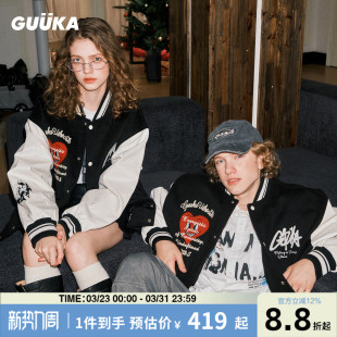 GUUKA美式 拼接PU皮夹克撞色羽绒服外套宽松 刺绣黑色棒球服男秋冬