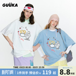 落肩半袖 T恤男夏新款 纯棉体恤 GUUKA潮牌白色猫咪情侣短袖 周深同款