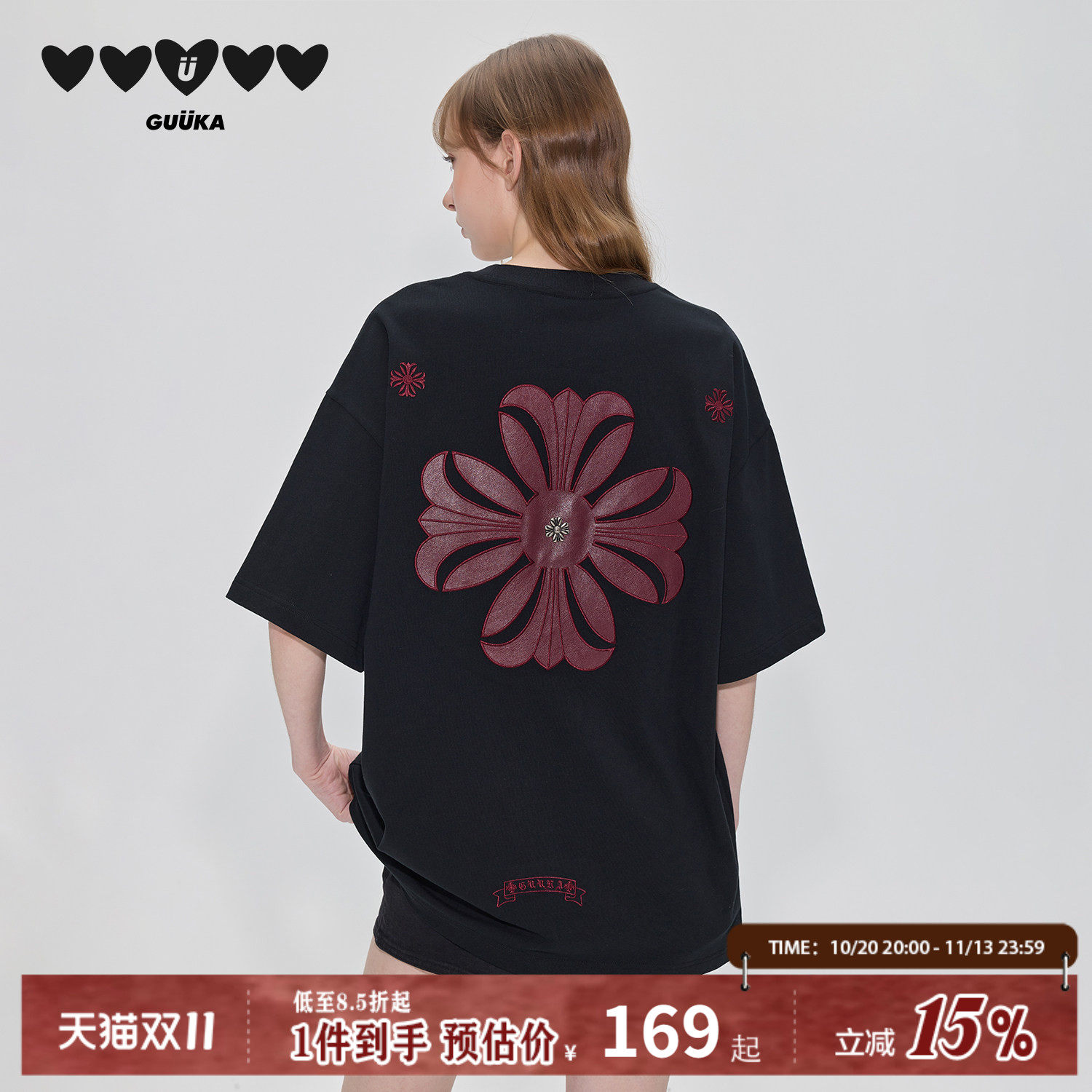郭殿甲同款GUUKA黑色美式复古短袖女t恤重磅纯棉半袖PU皮刺绣上衣