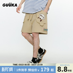 子宽松中裤 刺绣五分裤 男夏 GUUKA潮牌卡其色立体小熊重磅纯棉短裤