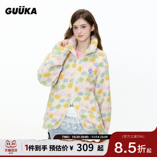 爱心四叶草刺绣正肩夹克 加厚 GUUKA潮牌半高领摇粒绒外套女款 冬季