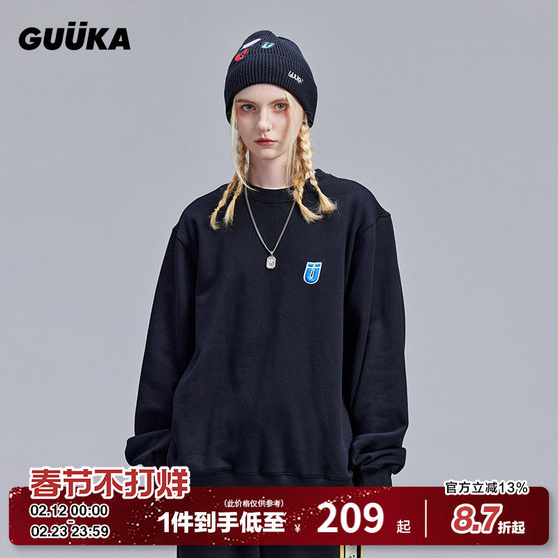 GUUKA黑色圆领卫衣女春秋新款潮牌 情侣美式极简刺绣上衣oversize