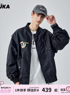 【防水尼龙】GUUKA黑色短款飞行员夹克男 情侣绣花棒球服秋季外套