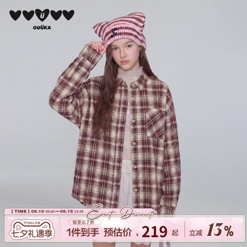 GUUKA复古做旧落肩格子长袖衬衫