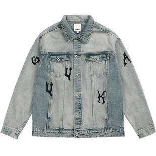 陈奕恒同款GUUKA浅蓝色牛仔夹克男秋季新款 水洗做旧复古外套宽松
