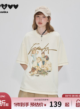 GUUKA潮牌白色美式人像印花短袖T恤女款夏季重磅纯棉落肩上衣宽松