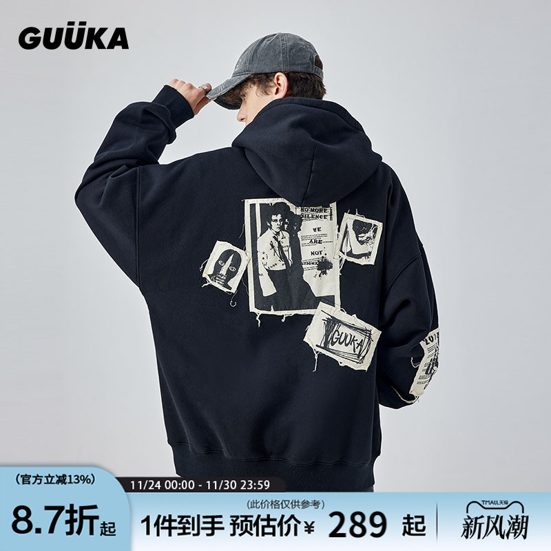 GUUKA毛边贴布绣落肩连帽卫衣