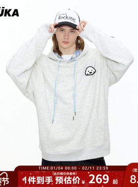 GUUKA&matsui联名小狗刺绣加绒卫衣男重磅纯棉格子连帽衫落肩上衣