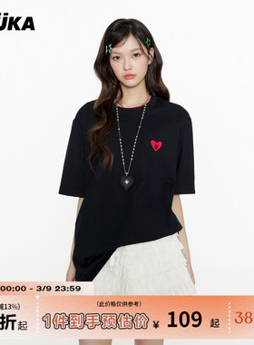 GUUKA潮牌黑色爱心刺绣正肩t恤男新款纯棉圆领短袖情侣半袖女合身