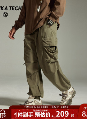 GUUKA TECH机能风军绿色美式工装裤男款春季户外运动束脚裤子宽松