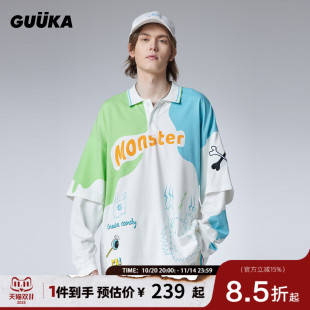 撞色落肩上衣宽松 T恤男POLO衫 孙亦航同款 GUUKA白色重磅假两件长袖