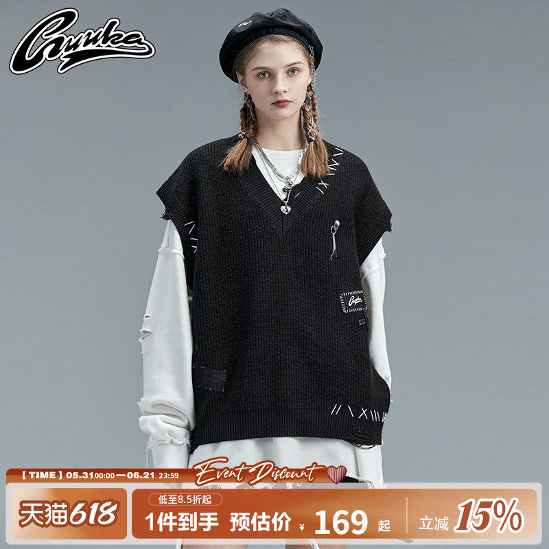 GUUKA潮牌黑色破洞毛衣女嘻哈王源同款情侣贴布绣V领马甲外套宽松