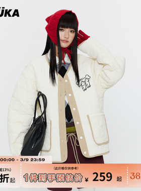 GUUKA&matsui联名小狗刺绣保暖内胆棉衣女款冬季撞色棉服外套正肩