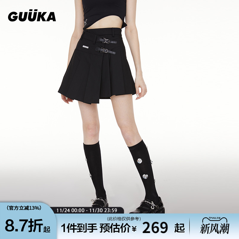 Guuka潮牌黑色皮扣百褶裙嘻哈