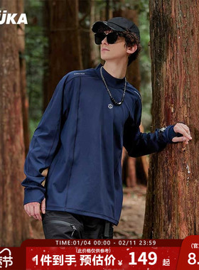 GUUKA TECH机能藏蓝色半高领保暖打底长袖T恤男 情侣户外上衣宽松