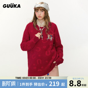 落肩 仿貂毛针织衫 GUUKA马年本命年衣服红色星星提花毛衣女款 冬季