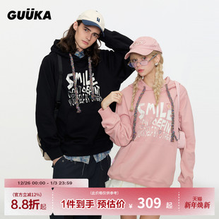 重磅情侣正肩连帽衫 卫衣男做旧印花 GUUKA黑色复古美式 陈鑫昊同款