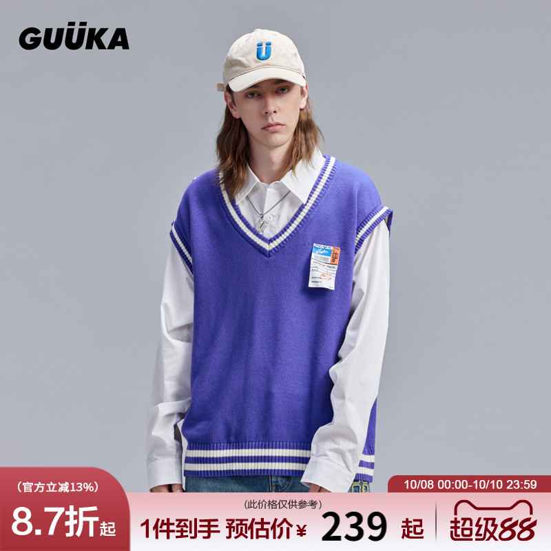 GUUKA潮牌蓝色假两件毛衣男秋冬 唐九洲同款情侣衬衫领针织衫宽松