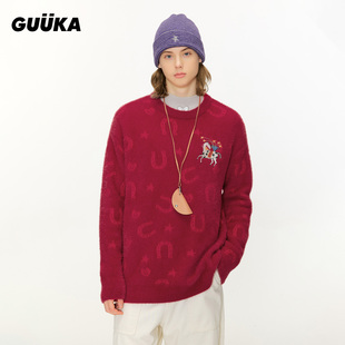 好物体验专享 GUUKA马年仿貂毛红色毛衣星星提花圆领落肩针织衫