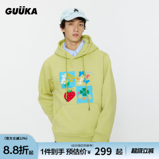 宽松 花卉毛巾刺绣情侣落肩连帽衫 GUUKA潮牌羊羔绒卫衣男冬季 加厚