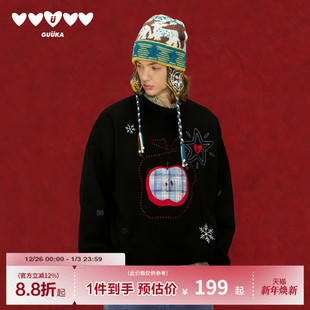 情侣装 加绒 爱心刺绣落肩上衣 冬季 GUUKA黑色圣诞苹果圆领卫衣男款