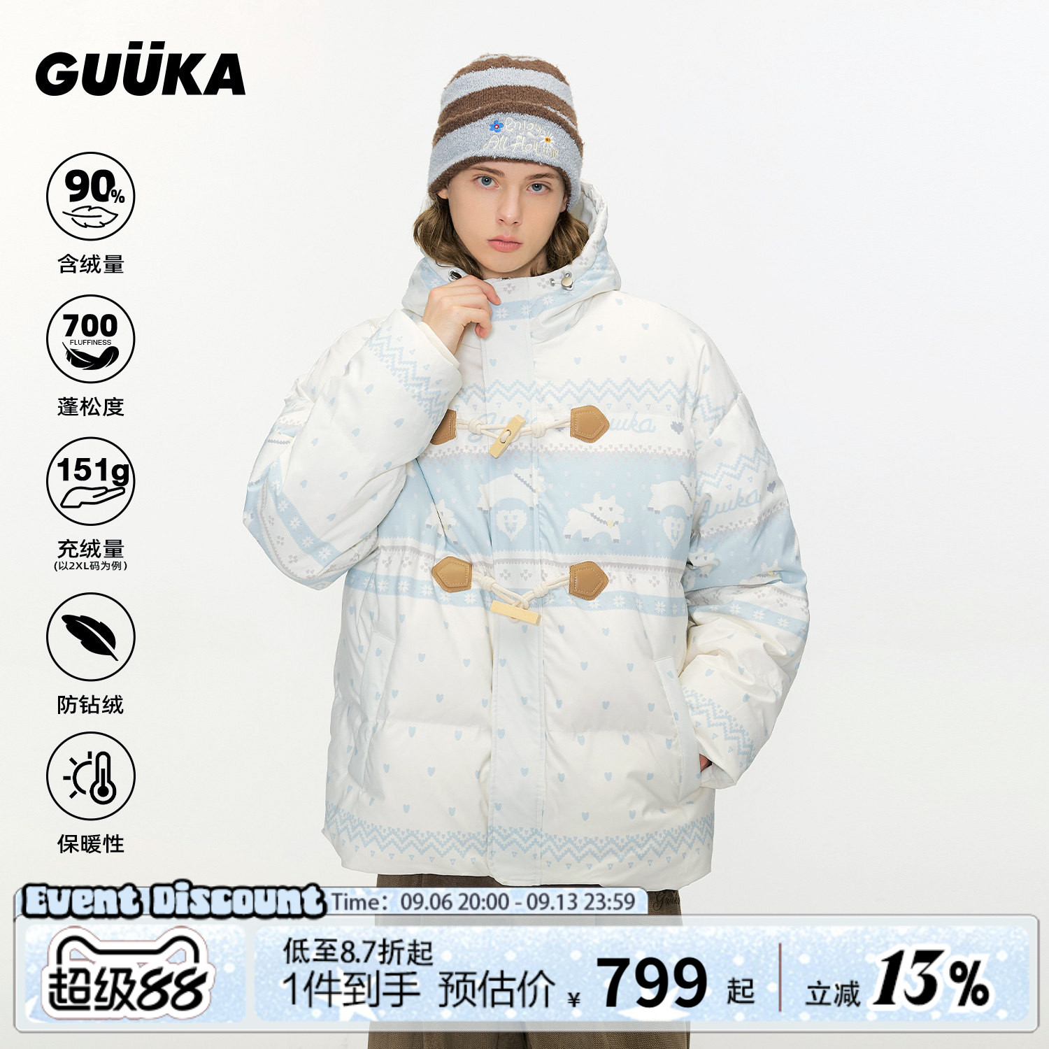 张茗灿同款GUUKA潮牌白色连帽羽绒服男款冬季 小羊满印费尔岛外套
