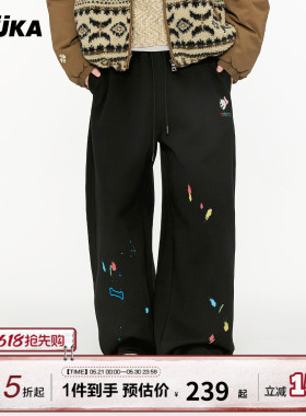 GUUKA潮牌黑色美式涂鸦堆堆卫裤男 小狗刺绣直筒加厚加绒裤子宽松