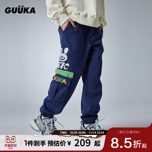 兔子刺绣运动裤 GUUKA&Agaho联名深蓝色加绒束脚裤 卫裤 美式 宽松 男