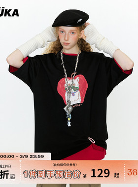 蒙恩同款GUUKA潮牌苹果猫咪短袖T恤男重磅纯棉黑色落肩上衣女宽松