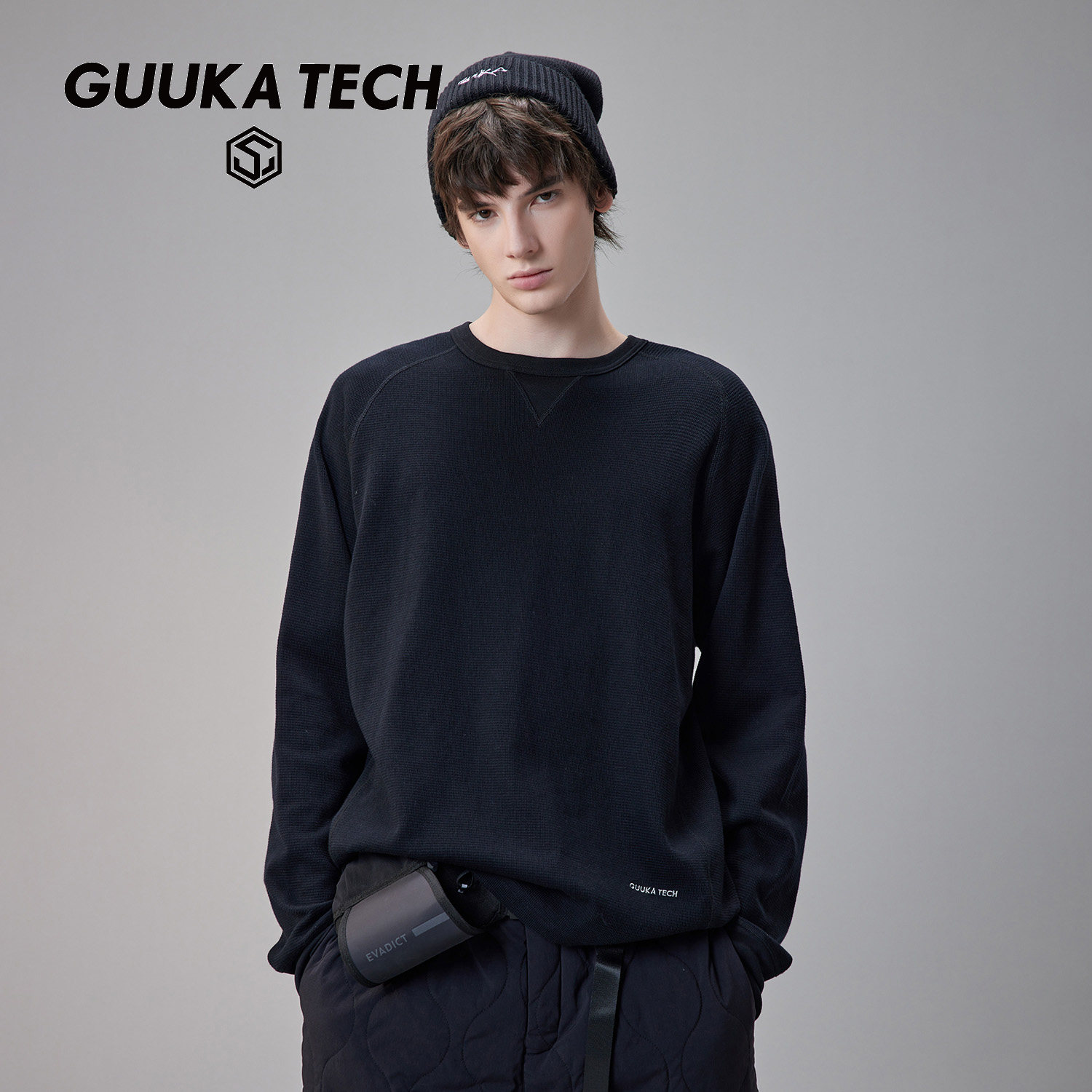 GUUKA TECH潮牌黑色华夫格长袖T恤男春季 重磅纯棉圆领插肩袖上衣,男装,T恤,淘宝优惠券,粉丝福利购,淘宝优惠卷