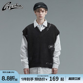 GUUKA黑色针织毛衣男潮牌 运动破洞牛仔贴布V领马甲宽松 王源同款