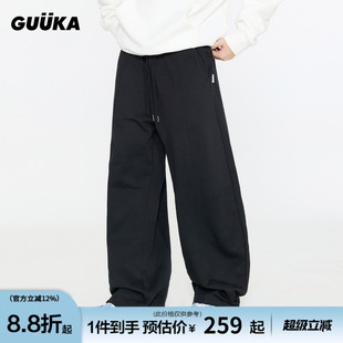 运动裤 GUUKA潮牌黑色美式 子 重磅纯棉堆堆长裤 加绒 弯刀卫裤 男冬季