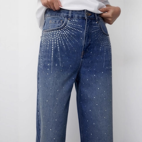 Women's hot stamping elastic straight leg jeans女烫钻牛仔裤
