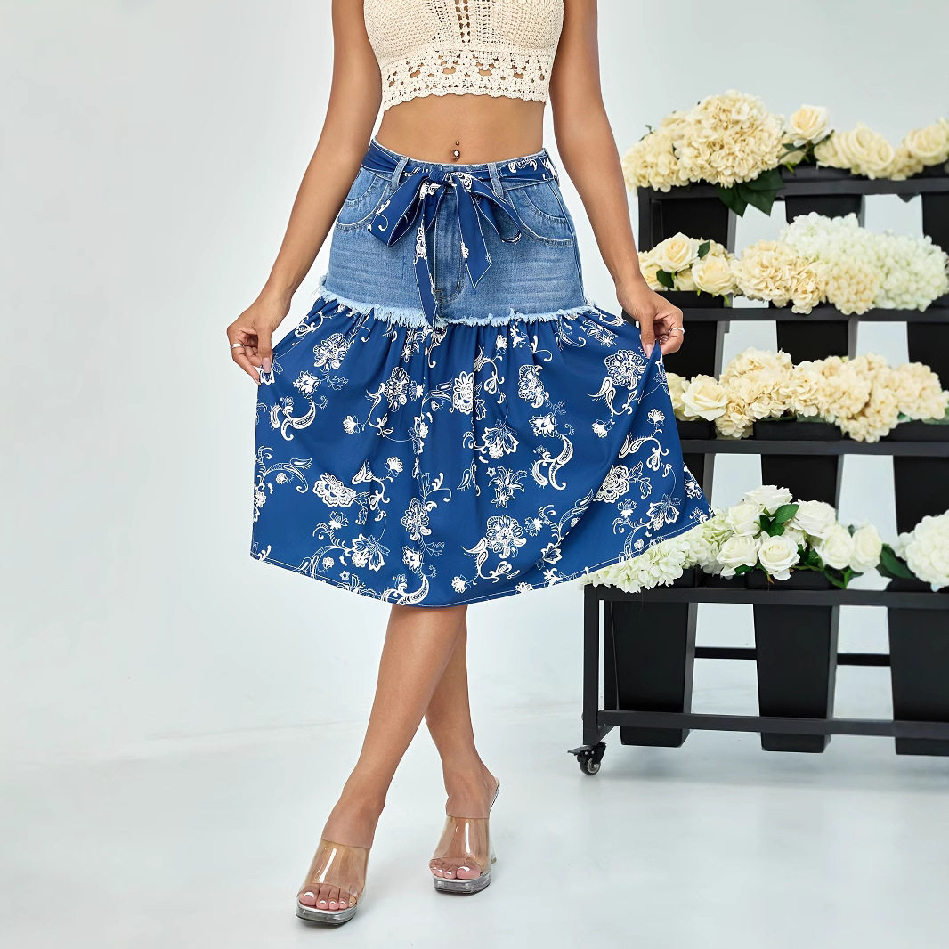 Women patchwork chiffon denim skirt女牛仔拼接雪纺大摆裙伞型