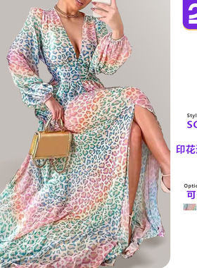 Women lantern sleeve leopard print long skirt女彩色豹纹长裙