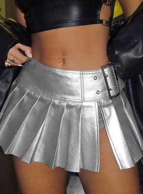 Women PU leather pleated skirt, half length skirt女PU皮百褶