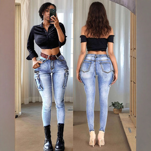 Women's peach hip workwear jeans女性感蜜桃臀工装浅蓝牛仔裤