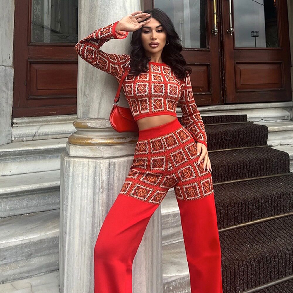Women's printed checkered long sleeved short top+pants set