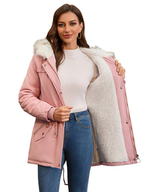 Women's fur collar hooded fleece style overcomes女中长款棉服