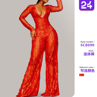 Women gold sprinkled deep V-red wide leg jumpsuit连体阔腿裤