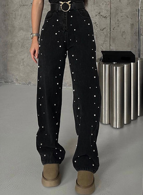 Women nail bead black straight leg jeans女钉珠黑色牛仔裤直筒