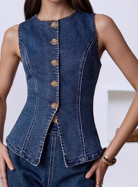 Women's waist cinched elastic vest denim vest女牛仔收腰背心