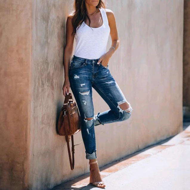 Women high waisted elastic ripped jeans弹力破洞小脚牛仔裤女