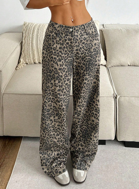 Women leopard print loose wide leg casual pants女豹纹阔腿裤