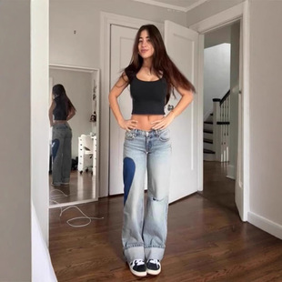 Women's low waisted washed denim jeans低腰牛仔裤女水洗做旧