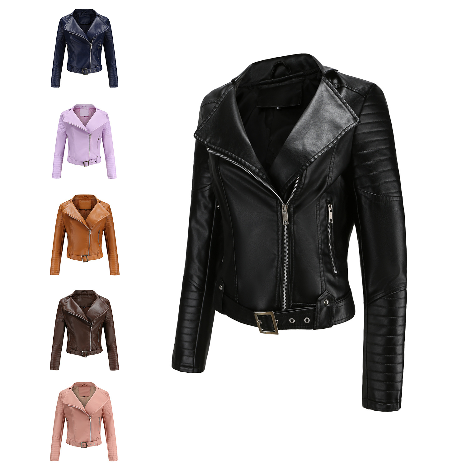 Women's Zipper Collar Short Motorcycle Leather Jacket女皮衣