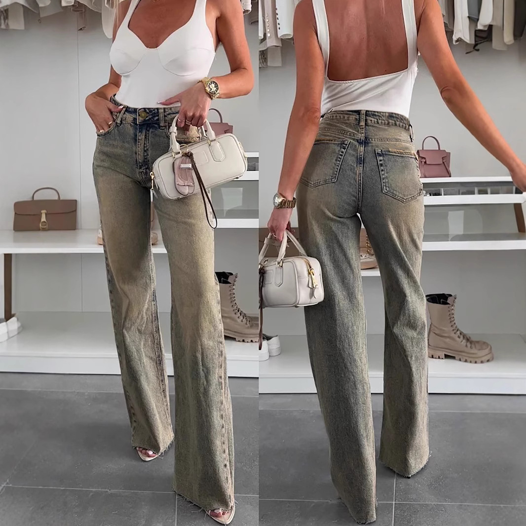 Women washable elastic wide leg floor length jeans复古牛仔裤