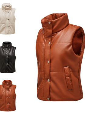 Women cotton zipper stand up collar leather vest女皮马甲夹棉