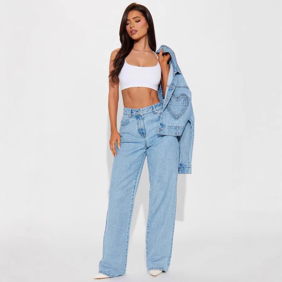 Women high waisted loose pants jeans长裤水洗高腰宽松牛仔裤女