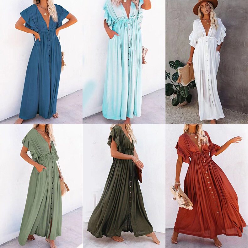 Beach cover up, long skirt纯色沙滩罩衫长裙防晒衫度假开衫长款